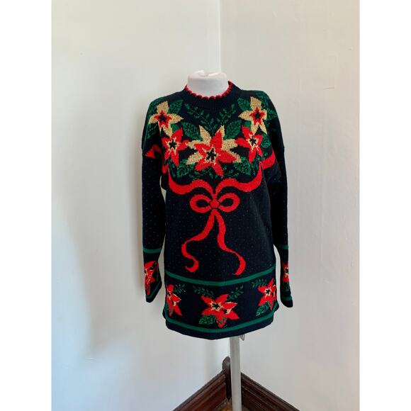 VTG Dana Scott VTG NEW Ugly Christmas Sweater Long Poinsettia Glitter 90s Tunic - Picture 2 of 11